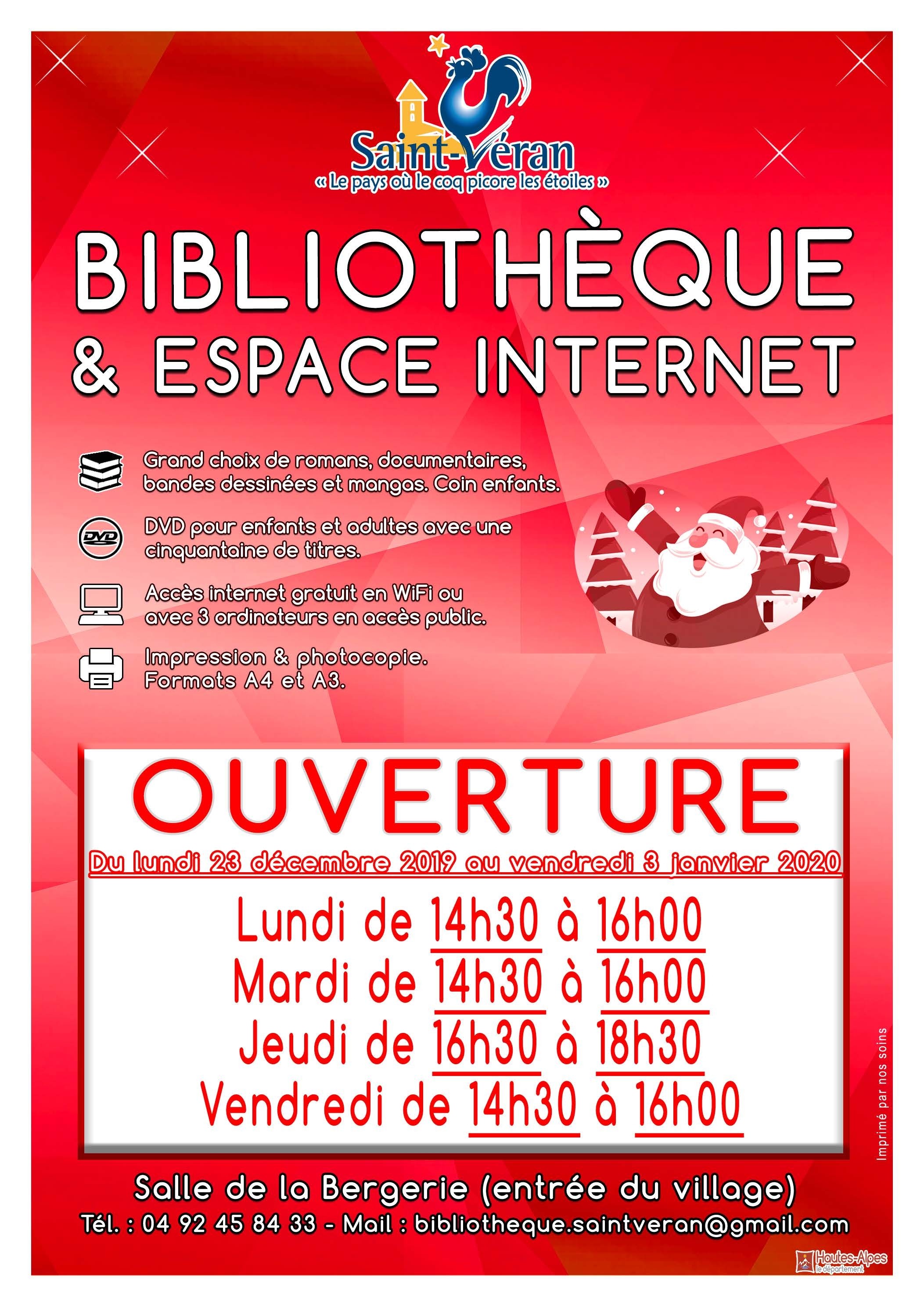 Horaires bibliothèque vacances hiver 2020